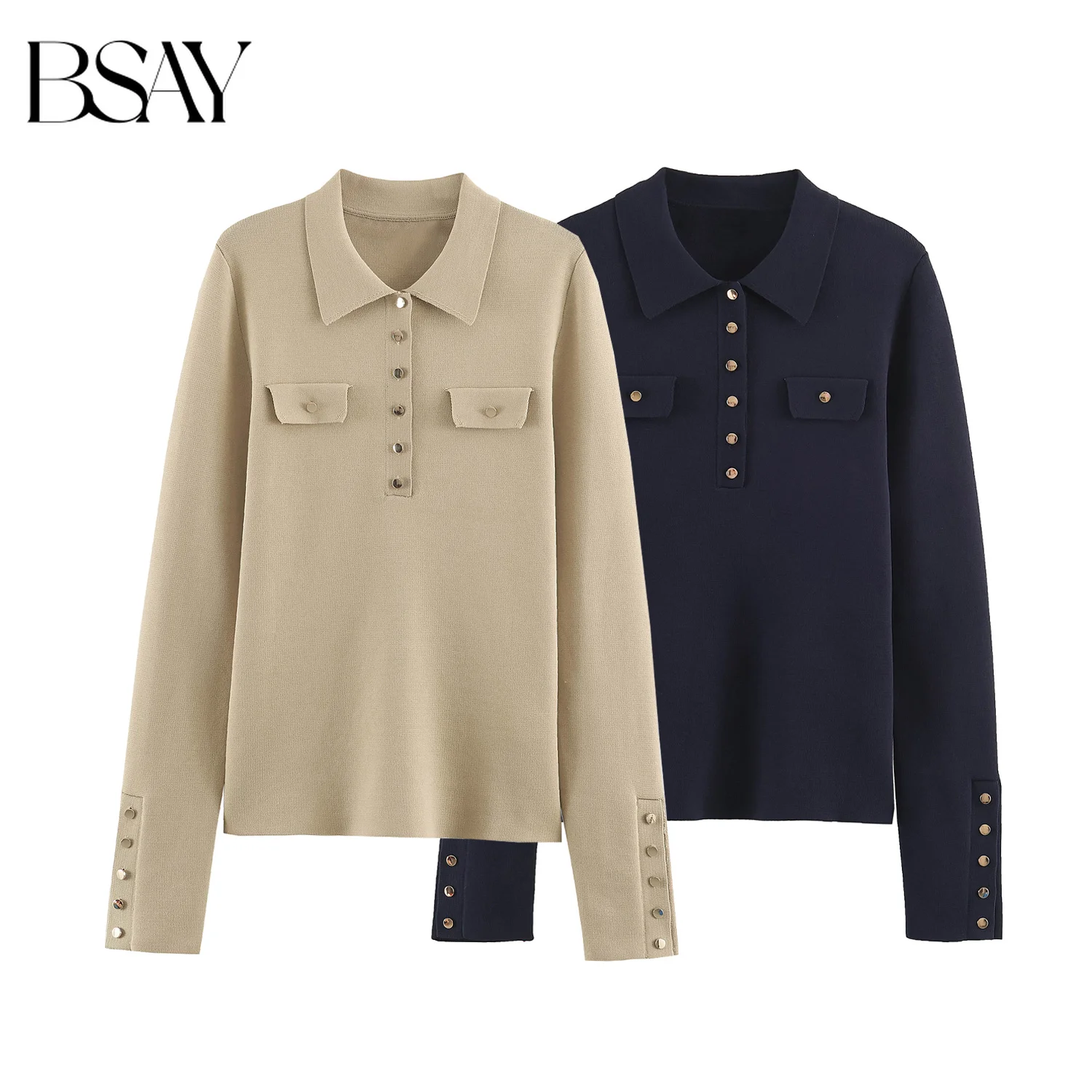 BSAY 2026 New Women Fashion Knit Polo Top Lapel Half Placket Hidden Buttons Long Sleeve Shirt Elegant Office Commuter Knitwear