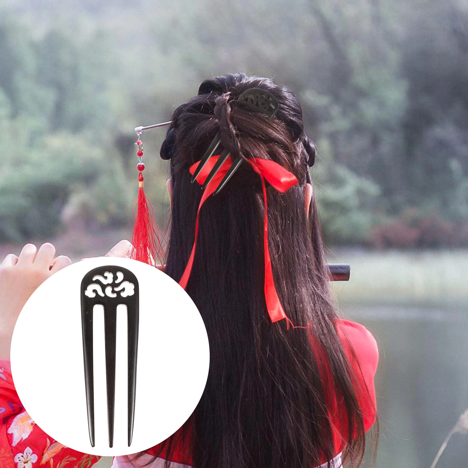 

Vintage Hairpin 3-Prong Hair Fork Exquisite Wooden Carved Elegant Hairstyle Decoration for Party Daily Life