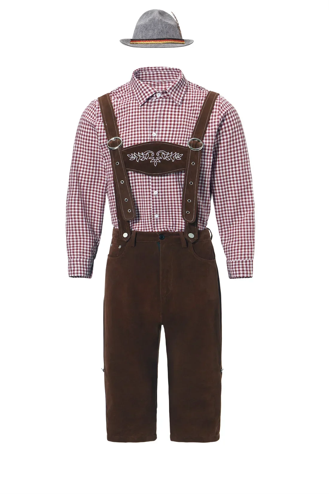 M-XXL Uomo Bavarese Oktoberfest Lederhosen Costume per Cosplay Festival della birra tedesca Bretelle Pagliaccetti Camicia Cappello Set Outfit