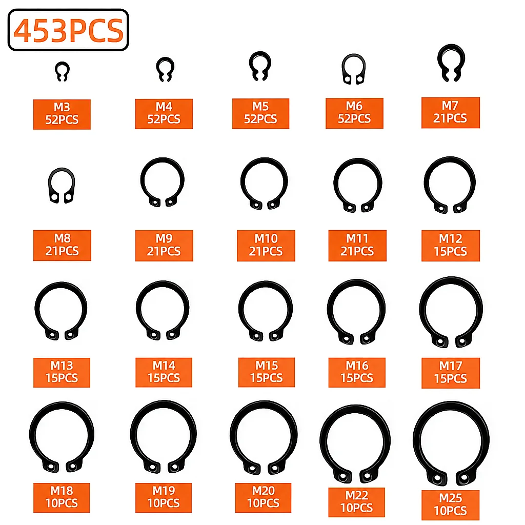 287/453Pcs M3-M25 Black Alloy Steel C Clip External Circlip Set Snap Ring Retaining Ring for Shaft Bearing Hardware