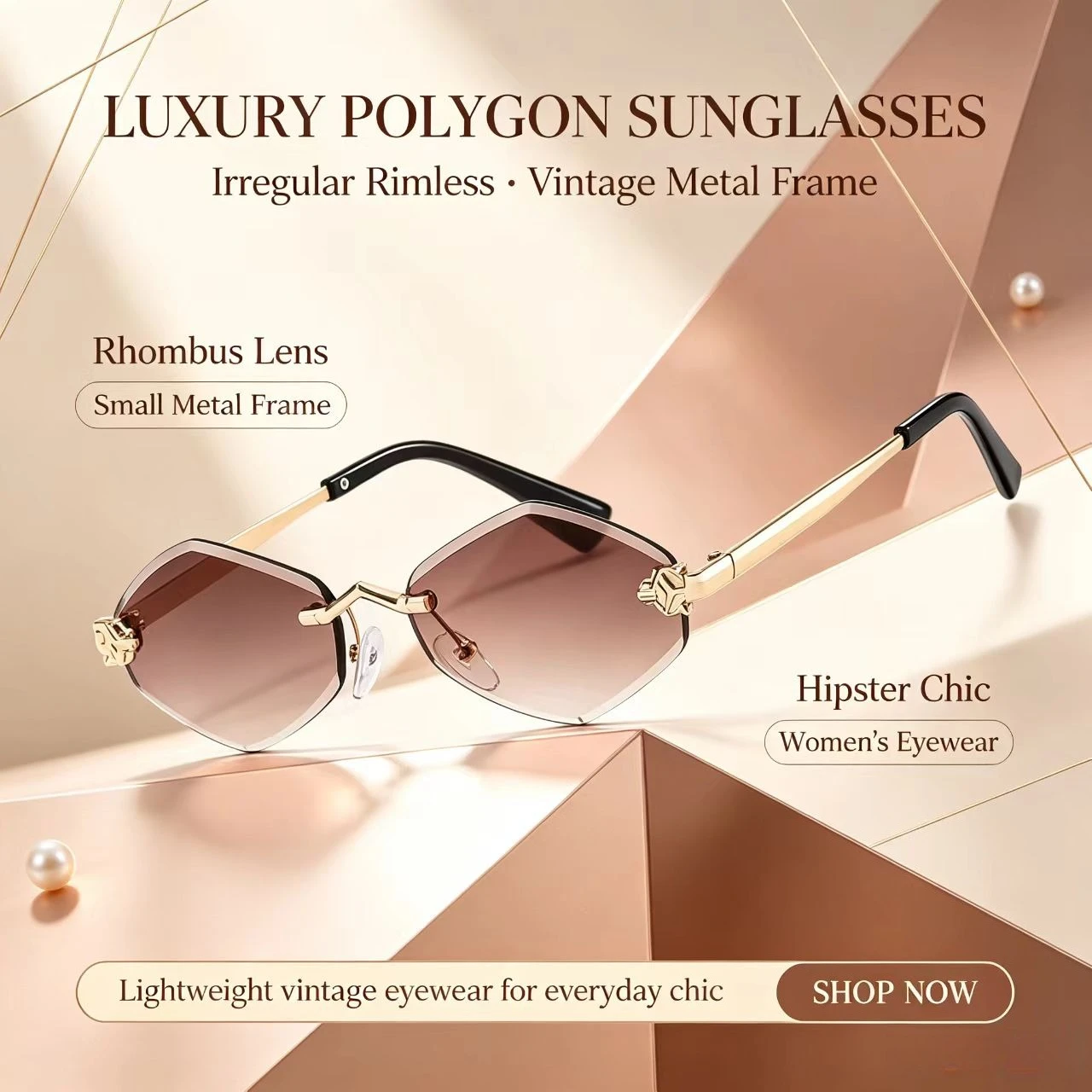 Luxury Rimless Rhombus Sunglasses for Women, Vintage Metal Frame Motorcycle Riding Eyewear