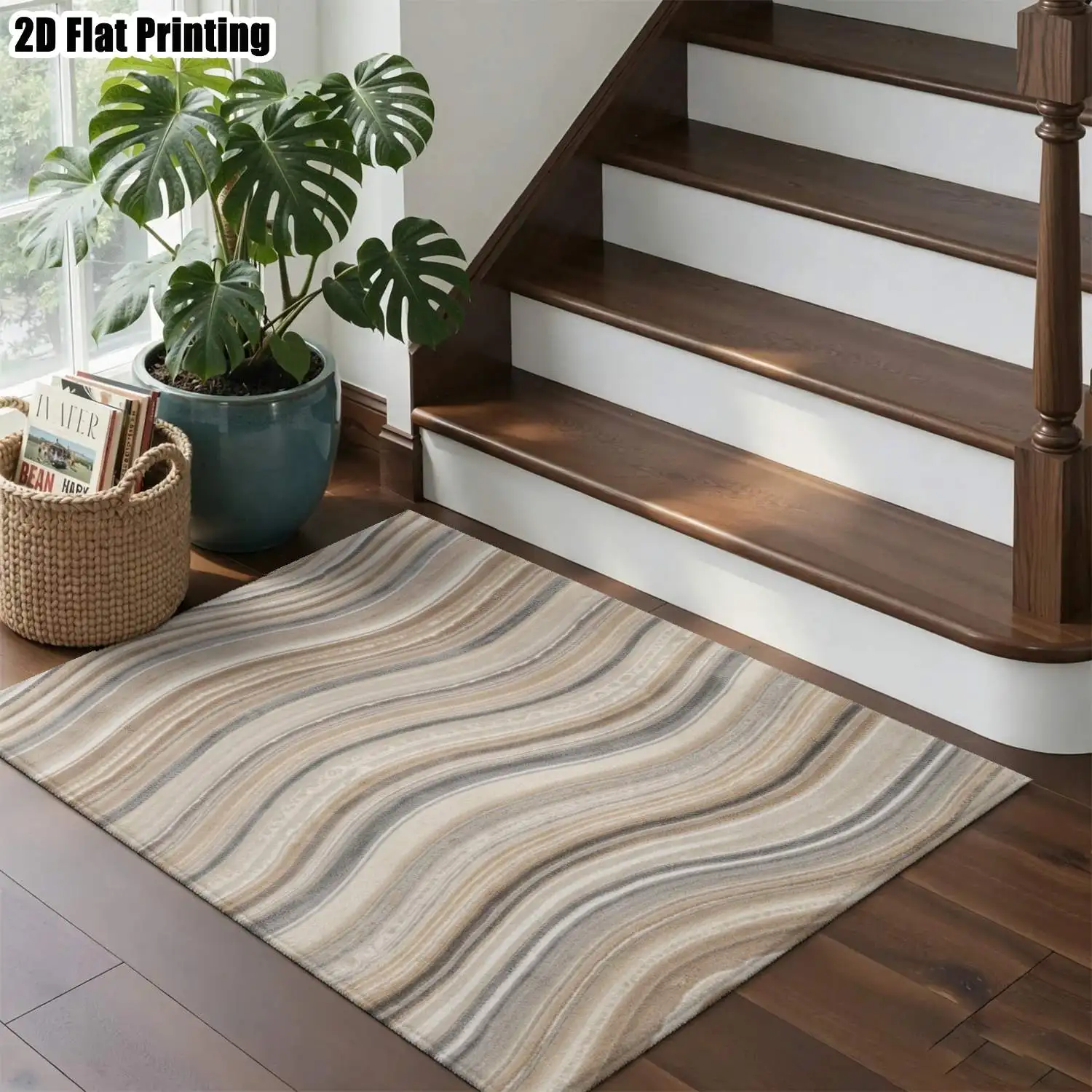 1Pc 2D Printed Carpet: Light Brown-Grey Wave Texture, Modern and Simple for Nordic Decor, Multiple Sizes, Machine Washable, Ideal for Entrance, Dining, Foyer, Bedroom, Study, Living Room