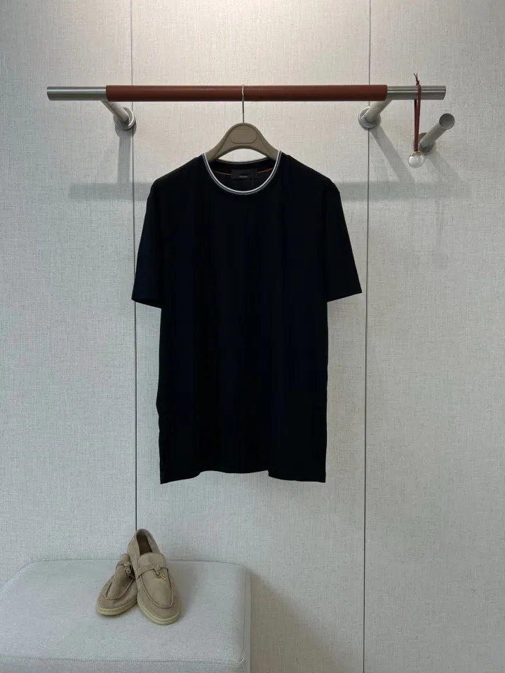 Mens Old Money Style High Count Liquid Ammonia Mercerized Long Staple Cotton Contrast Collar Logo Crew Neck Skinny Short Sleeve