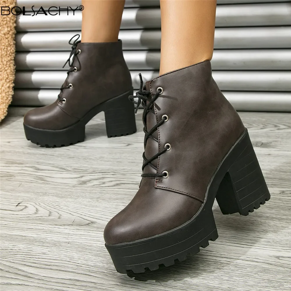 

Женские ботинки, весенне-осенняя обувь 2023, женские ботильоны на высоком каблуке, женские ботинки на платформе со шнуровкой, Zapatos De Mujer, черный, бежевый, коричневый, размеры 33–43