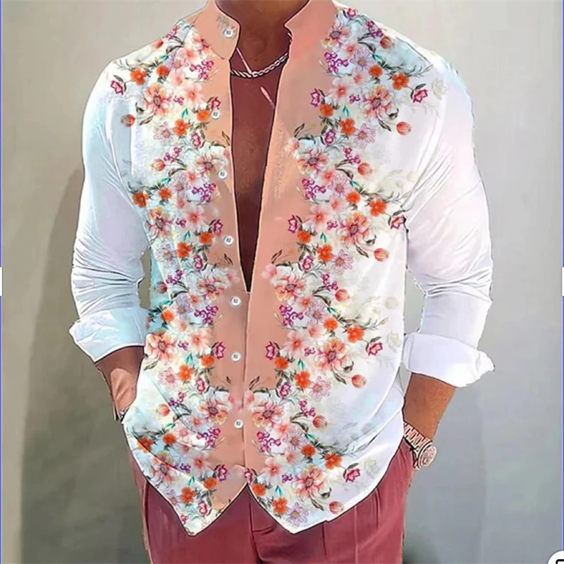 9 -color 2024 explosion spring and summer new men\'s stand -up neck shirt 3D digital printing flower pattern long sleeve top