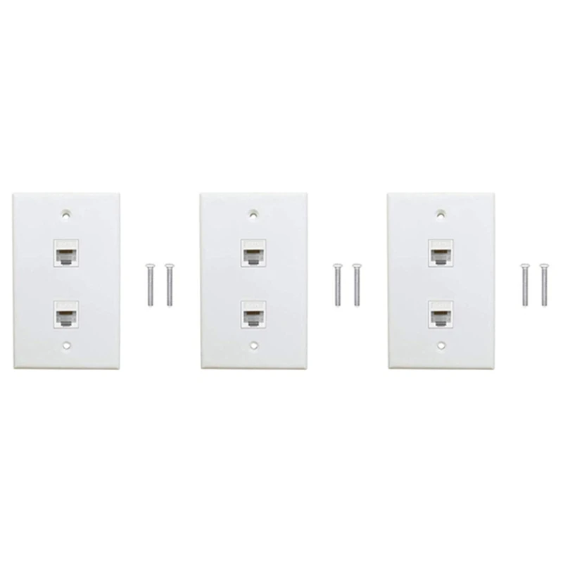 

LJL-3 Pack 2 Port Ethernet Wall Plate, Cat6 Female To Female Wall Jack RJ45 Keystone Inline Coupler Wall Outlet, White