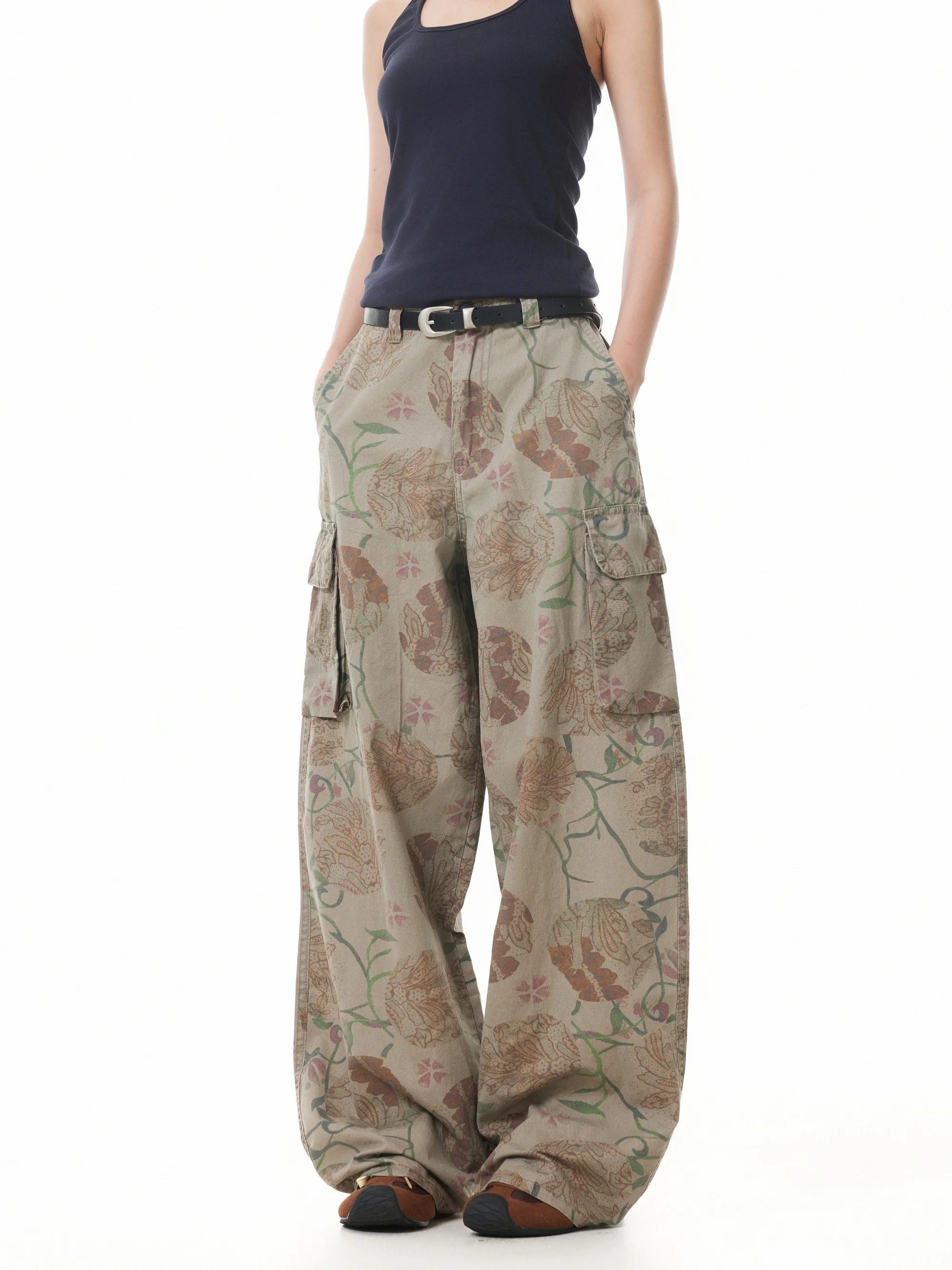 Amerikaanse retro bloem volledig bedrukte cargobroek met meerdere zakken Niche hiphop straat losse wijde pijpen casual mode