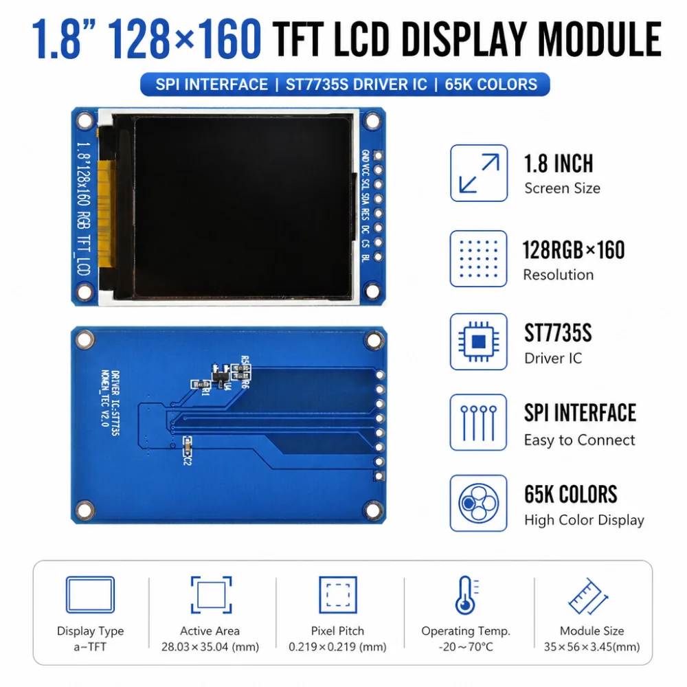 1,8-дюймовый полноцветный TFT LCD-дисплейный модуль с разрешением 128×160, ST7735S, 3,3 В — замена модуля OLED-дисплея для Arduino.