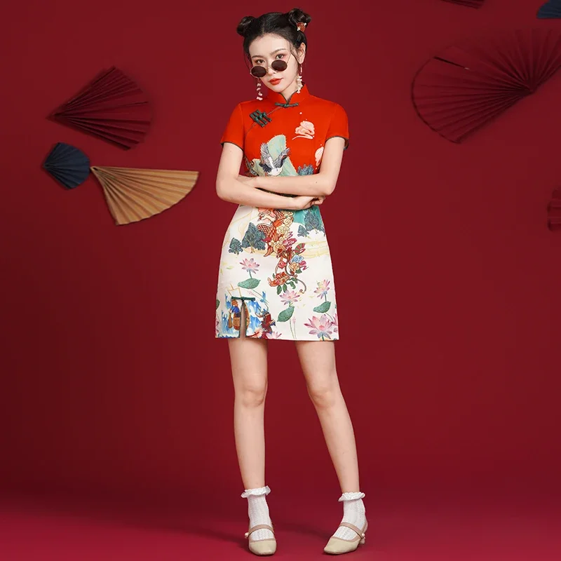 

Восточное вечернее платье, платье Ципао с цветочным принтом, китайская новогодняя одежда, женское красное азиатское платье Cheongsam