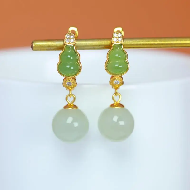 Genuine China Nephrite Stone Green Jade Gourd Hetian Jade Ball Drop Earrings 925 Silver Certified Jewelry Women Elegant Gifts