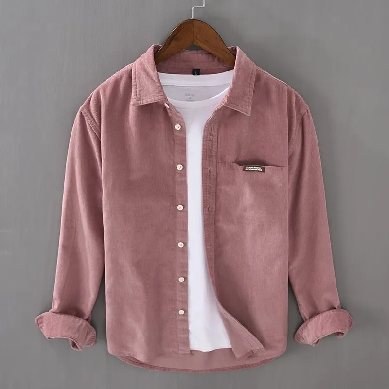 Retro Japanese Style Long Sleeve Corduroy Shirt Men's Loose Striped Velvet Couple's Fashion Outerwear Autumn Season Polyester...