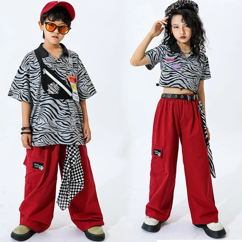 Kids Teenage Hip Hop Clothing Concert Outfits Crop Tops T Shirt Streetwear Cargo Pants For Girl Boys Jazz Dance Costume Clothes