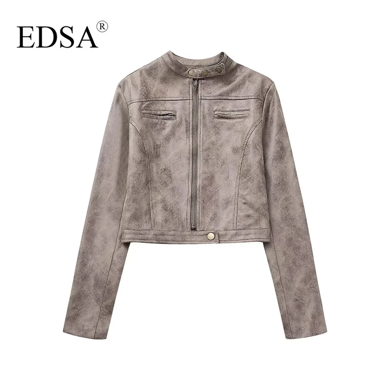 EDSA Women Suede Jacket Solid Color Motorcycle Style Vintage Slim Bomber Jacket Outerwear