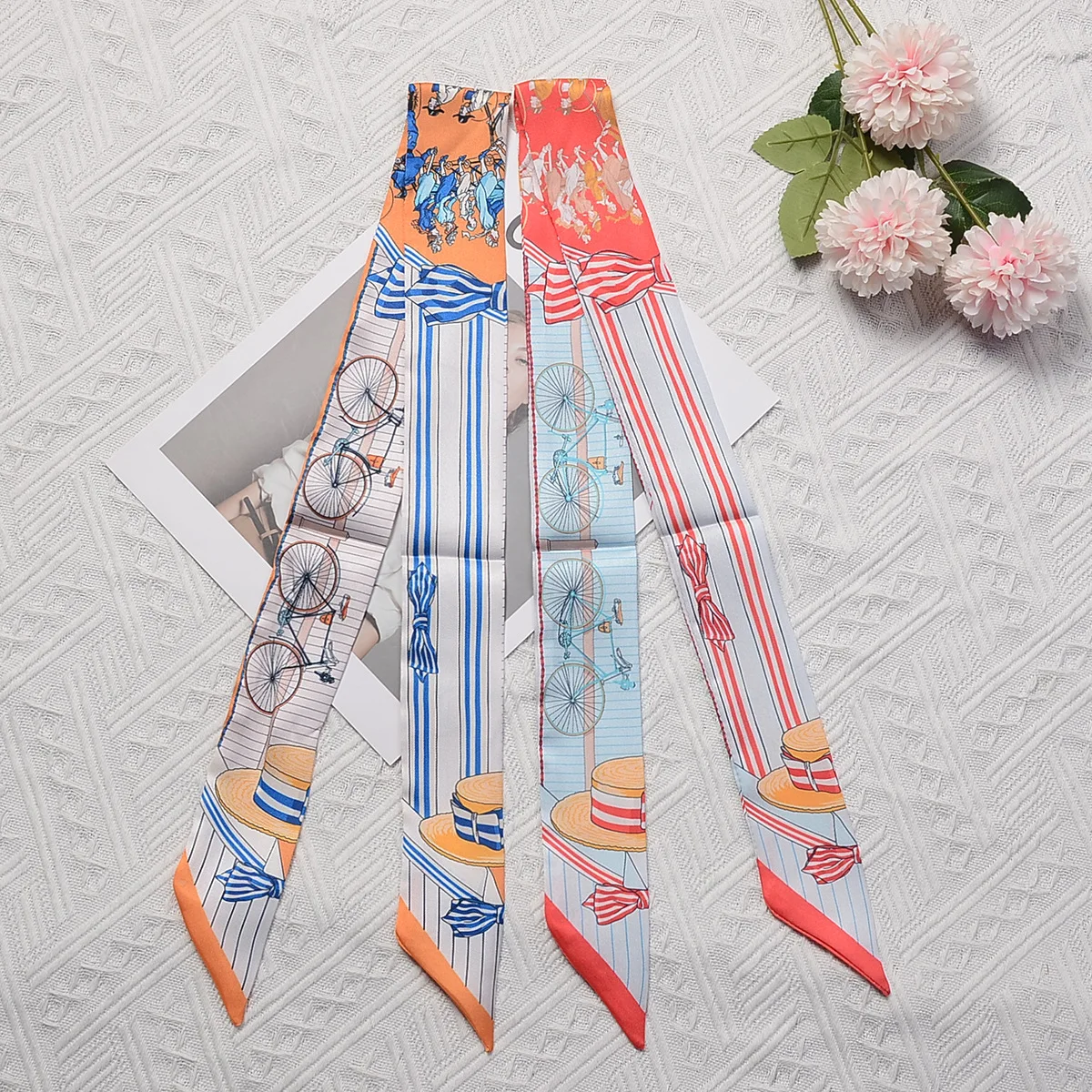 Brand Design Bicycle Print Luxury Twill Silk Scarf Women Hair Scarf Fashion Headband Skinny Bag Scarves Neckerchief 2024 New