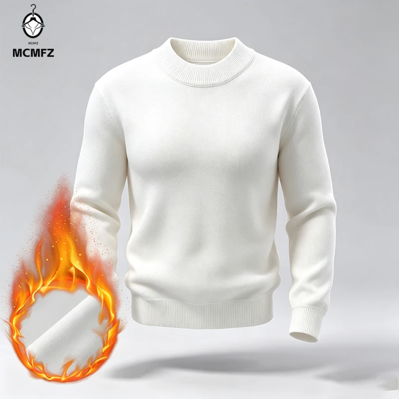 Men Basic Crew Neck Fleece Knit Sweater Ribbed Hem Cuff Thermal Fabric For Daily Commute And Social Gathering Wear