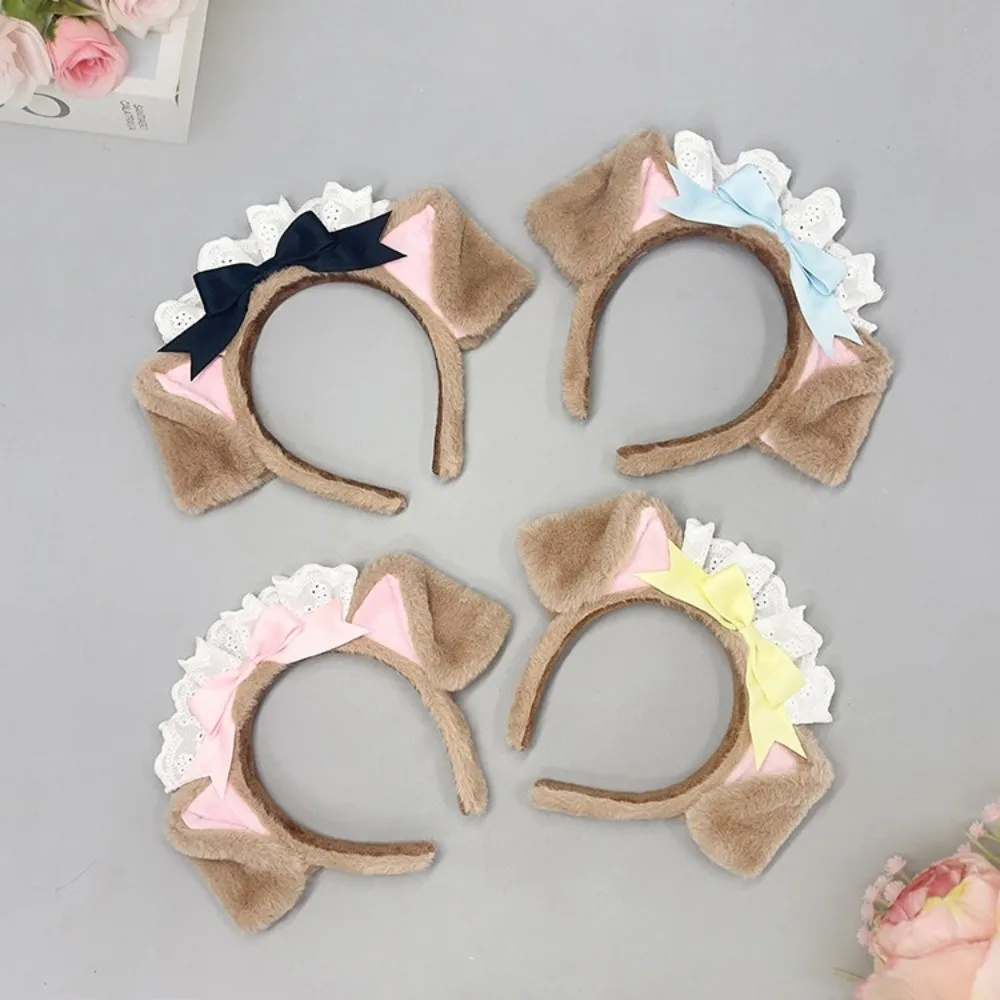 New Lolita Dog Ear Headband Fluffy Chef Cap Hair Band Lace Bow Cosplay Head Hoop Cosplay Performance