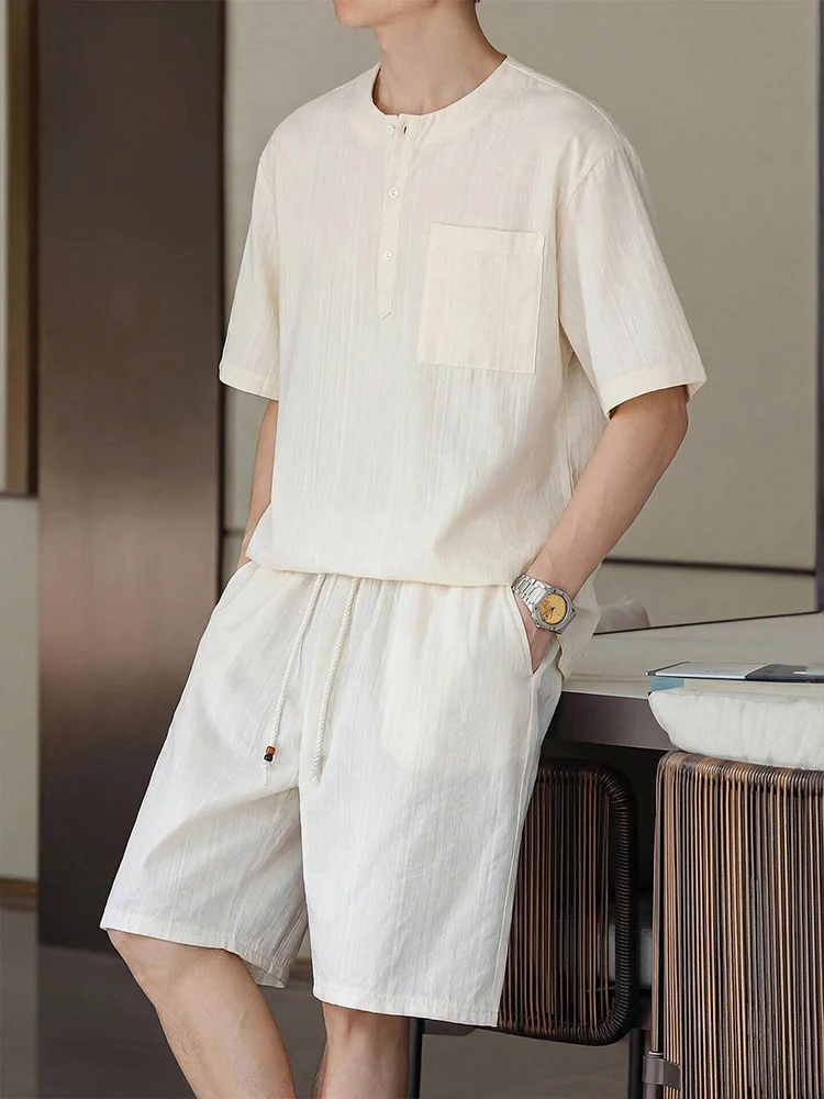 Conjunto Esportivo Casual Romon Masculino Verão 2026: Camiseta Fina de Manga Curta com Gola Henley e Shorts Masculino - Conjunto de Duas Peças Leve e 