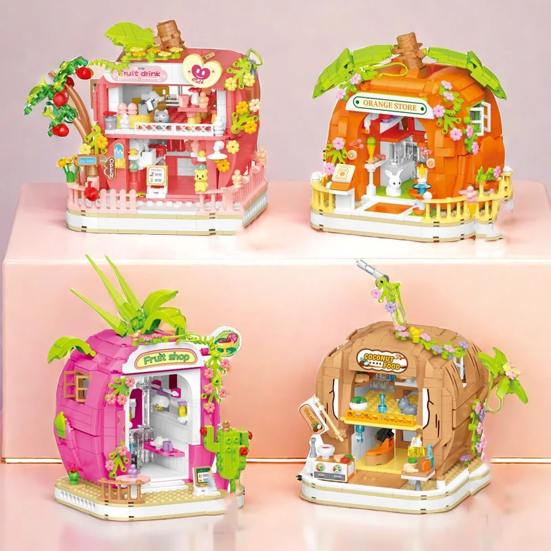 

Creative Street View Town Mini Block Apple Drink House Dragon Fruit Shop Orange Coconut Food Store Block Brick Toy With Light