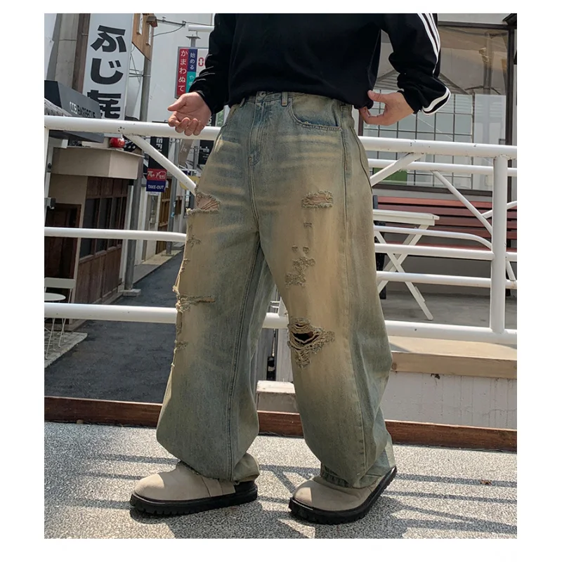 古い、適用、汚れを拭き取り、破れ穴、ジーンズ、メンズのトレンディなブランドストリートメンズ服、ルーズストレートレッグレトロワイドレッグパンツを作る