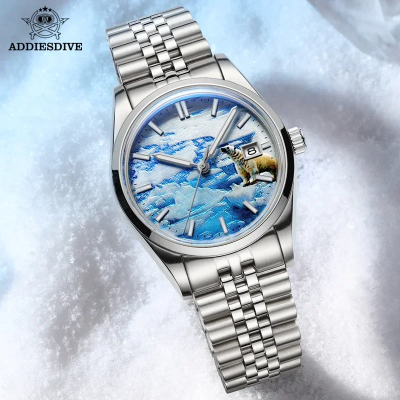 ADDIADDIESDIVE 39mm 3D Glacier Automatic Mechanical Watch 100m Diver Super Luminous Watches Steel Bubber Mirror Glass Wristwatch