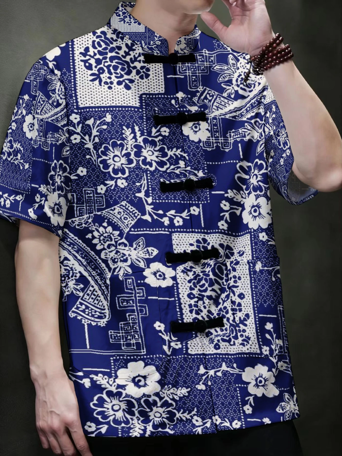 Men Mandarin Collar Frog Button Short Sleeve Shirt Tie Dye Vintage Floral Print Oriental Casual Top With Dual Front Pockets
