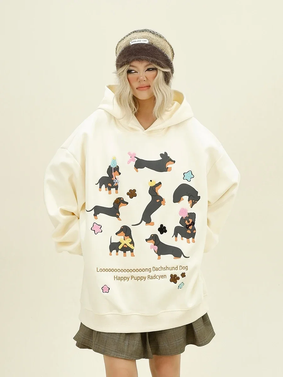 

Fun Sausage Puppy Hoodies 2024 Autumn New Loose Bf American College Style Top Women