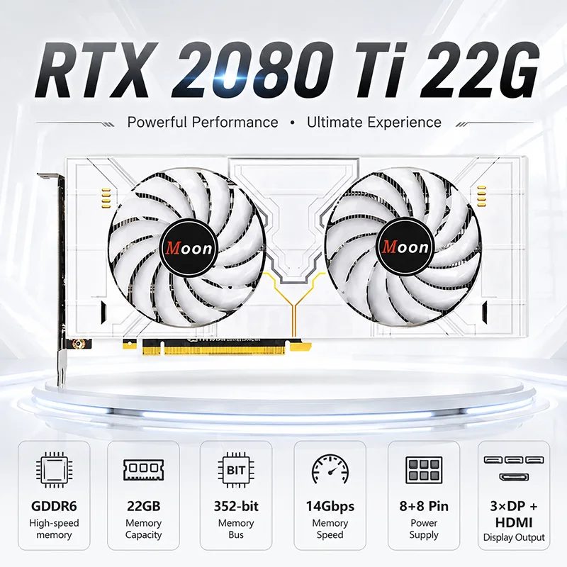 Carte graphique silencieuse RTX 2080 Ti 22 Go 300W à double ventilateur GDDR6 pour jeux, IA, apprentissage profond, station de travail et PC de bureau