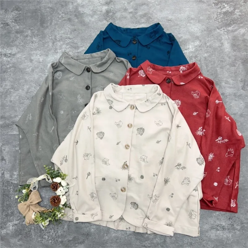 Johnature New Spring Autumn Cotton Linen Mori Casual Print Turn-down Collar Women Tops 2024 Simple Loose Female Shirts