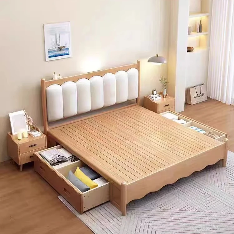 

^&Cream Modern White Leather Bedhead Soft Bed Solid Wooden Bedroom Furniture Set Double Queen Size Beds