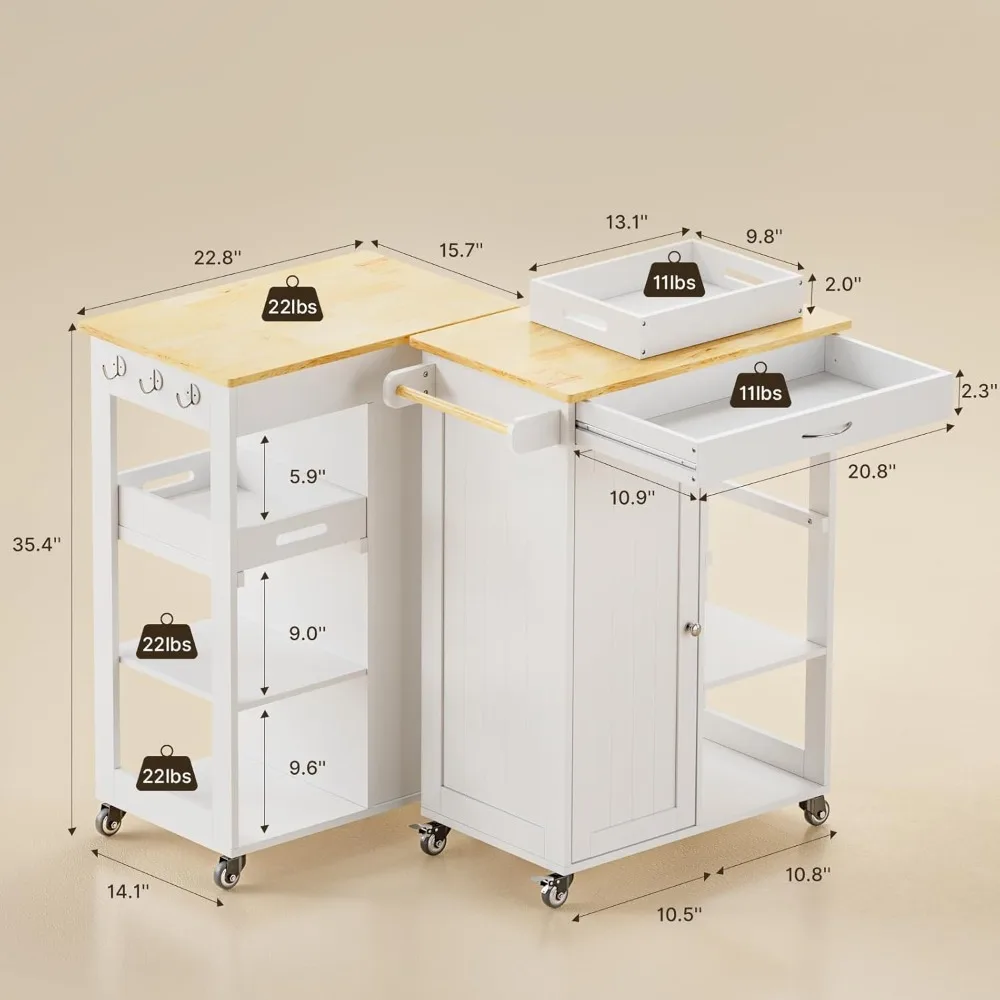 Removable Tray, 27.6''W Rolling Utility Trolley Cart with Drawer, Cabinet, Towel Rack, Hooks and 3 Open Storage Shelves