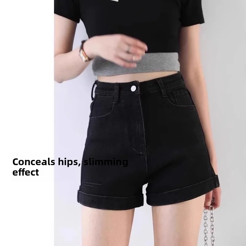 Slimming High Waist Black Denim Shorts Women's A-Line Wide Leg Straight Cut Hot Pants Summer Thin  Rolling Cotton Stretch