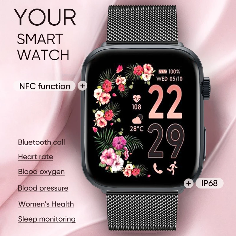 

2025 новые модные умные часы для женщин 1,85 дюйма AMOLED HD экран NFC IP68 водонепроницаемые умные часы с монитором сердечного ритма и кислорода в крови