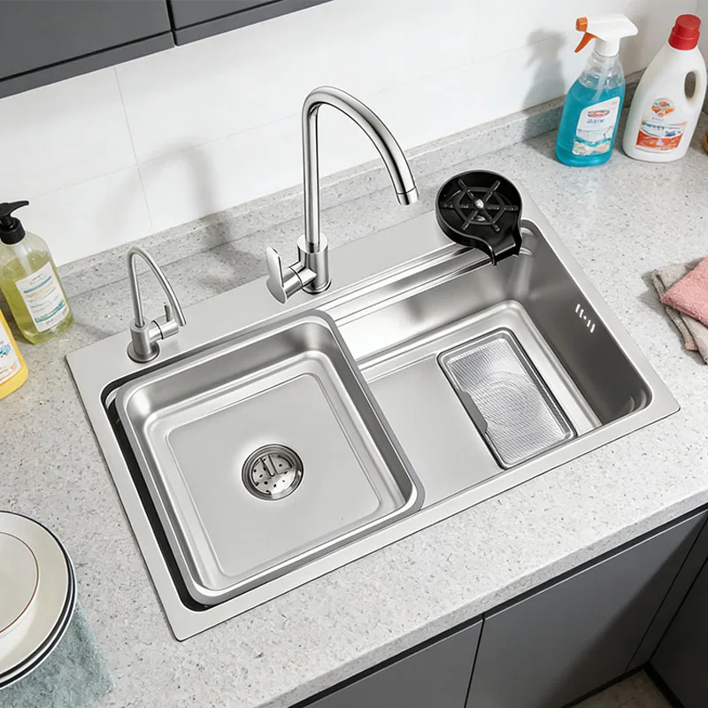 

68*46cm 75*46cm 304 Stainless Steel Multifunctional Kitchen Sink Large Single Slot Pull-out tap Slag collection net Cup washer