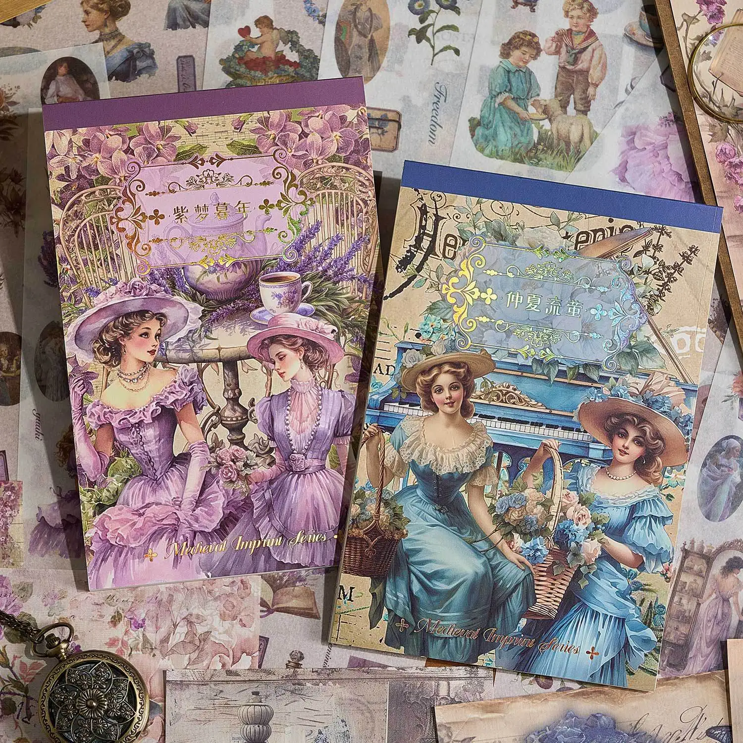 European Style Character Stickers Set 30 pcs+20 Material Papers, Large Size Sticker for Journaling Handmade Decorative Stickers