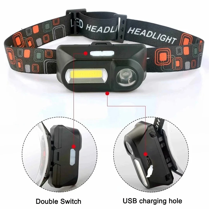 Mini Portable XPE+COB Headlamp USB Rechargeable Use 18650 Battery Headlight Outdoor Camping Fishing LED Head Flashlight