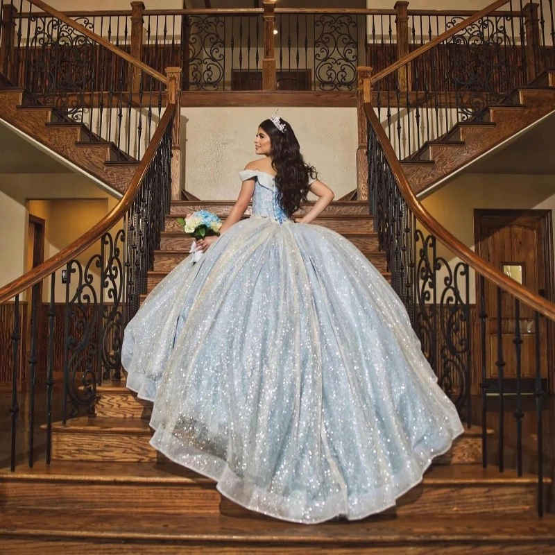 Lorencia Blue Shiny Sweetheart Quinceanera Dresses Off Shoulder Beading Princess Ball Gown Sweet 15 Vestidos De 15 Anos YQD213