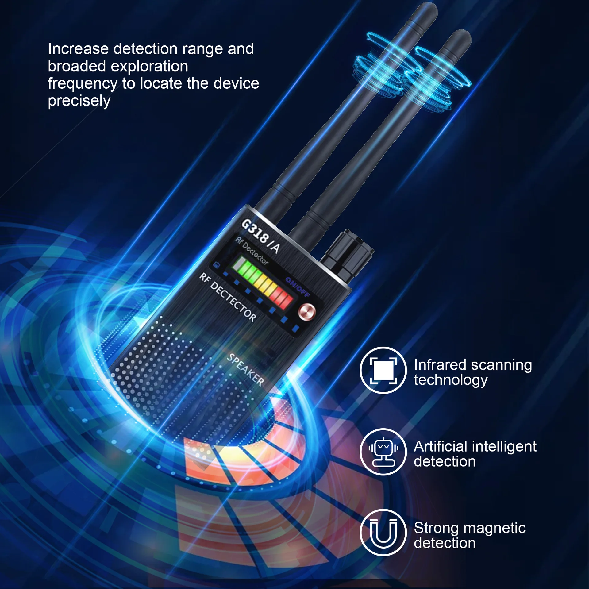 Rilevatore RF a doppia antenna: trova telecamere nascoste (2,4G/5,8G), localizzatori GPS, inserti Eavesdrop, indicatore LED a 10 livelli, metallo portatile