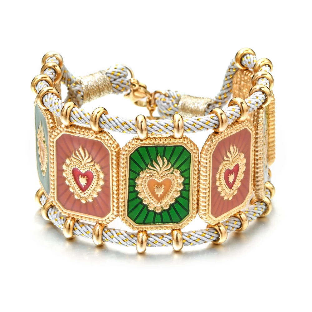 Woven Colored Rope Lucky Bracelet Vintage Heart Shape Geometric Tarot Stainless Steel Women's Jewelry Daily Accessories Gift
