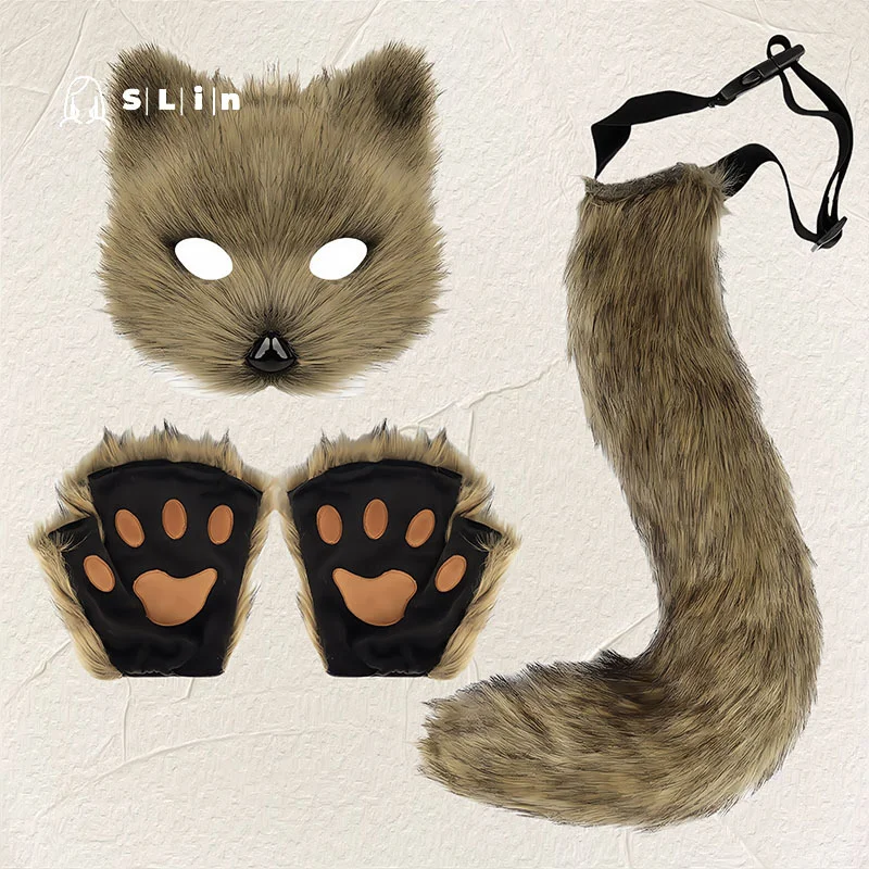 Foxes Mask+Tail +Gloves Set Halloween Cosplays Costume Accessorie Theme Party Dress Up Props Carnival Party Costumes Accessories