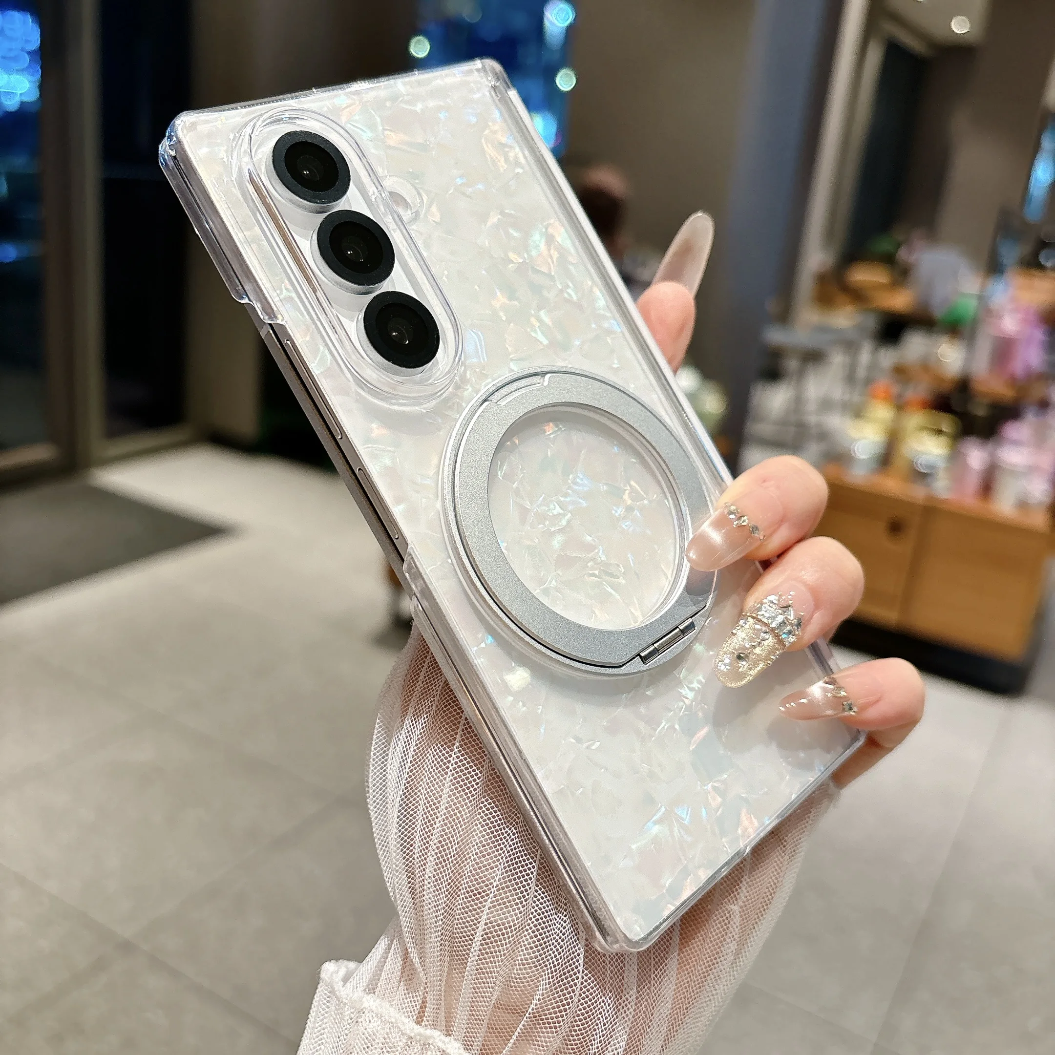 Dreamy Shell Pattern Magnetic Hinge Case For Samsung Galaxy Z Fold 7 6 5 360° Rotate Bracket Wireless Charging Hard PC Cover