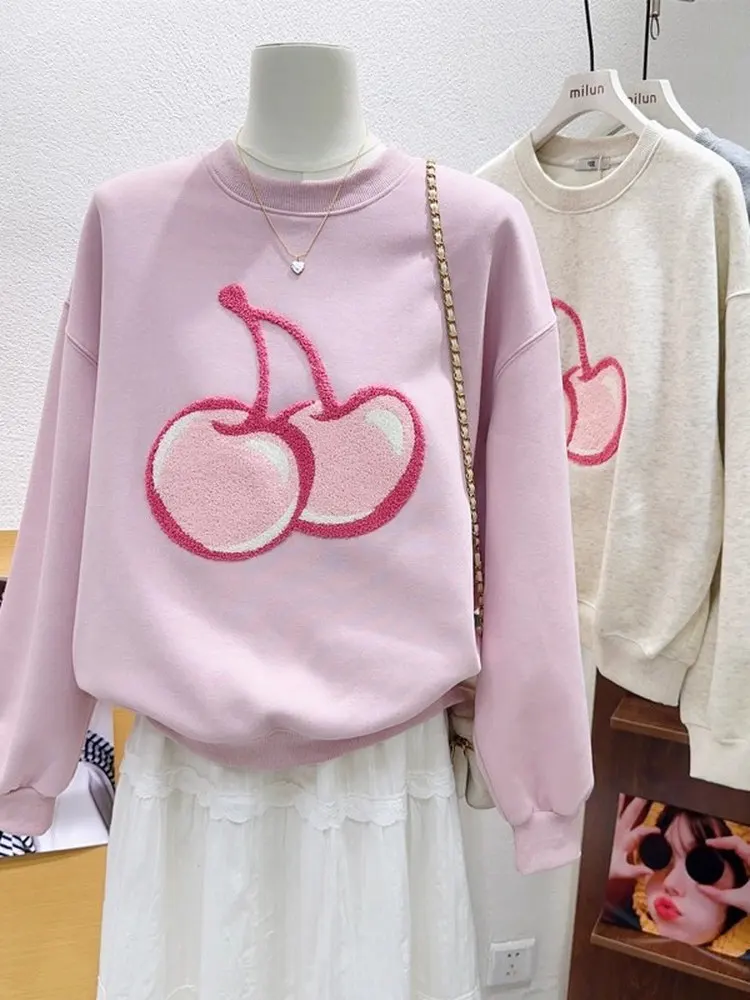 حجم كبير 300 Pou زهر الكرز المطرزة الوردي البلوز المرأة فضفاضة مستديرة Ne Overhead irt الربيع Faion