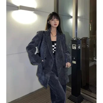 Insozkdg Autumn Vintage Small Fragrant Corduroy Suit Collar Blazer Suit Set Distressed Loose Wide-leg Pants Two-piece Set Women