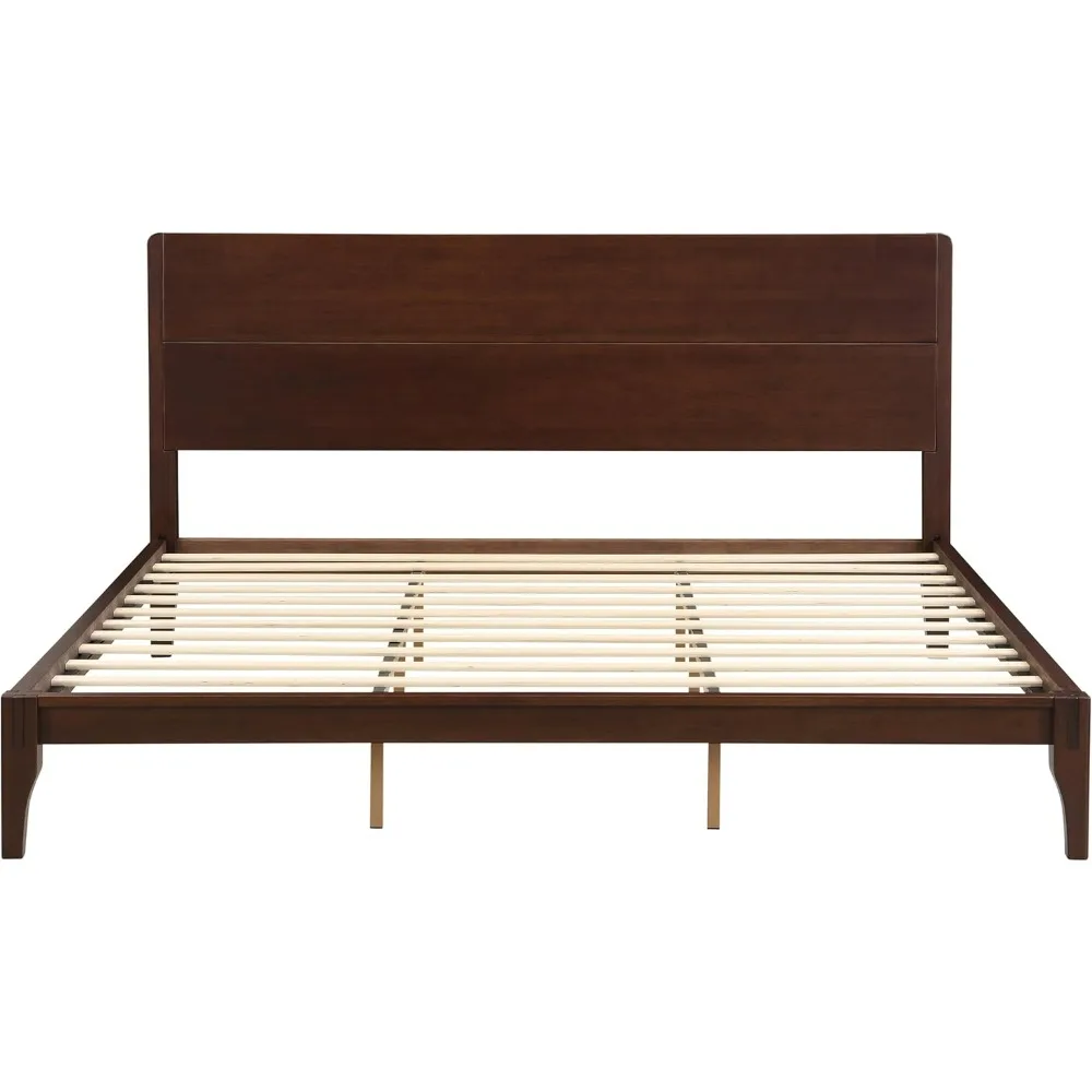 إطار سرير بمنصة من الخيزران بحجم كينج، لوح رأسي حديث طويل القامة في منتصف القرن، سرير كينج صلب مستدام #6