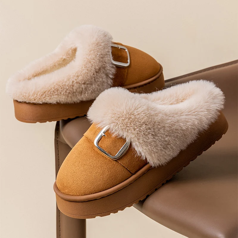 

Khaki Faux Suede Fluffy Slippers Women Round Toe Thick Bottom Fur Slippers Woman Comfortable Warm Indoor Bedroom Shoes Ladies