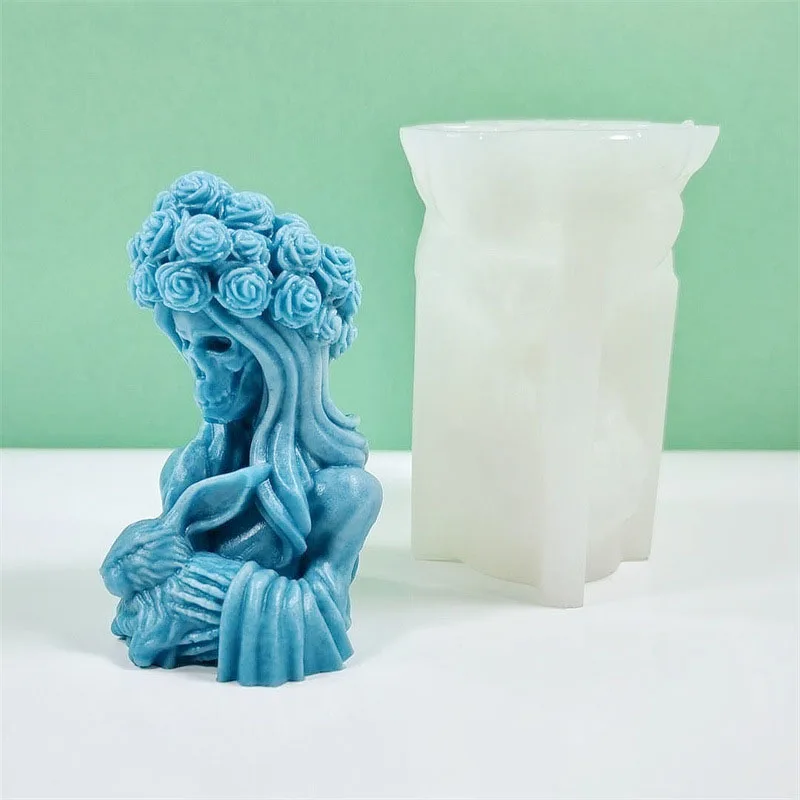 3D Witch Portrait Candle Silicone Mold DIY Halloween Skull Woman Holding Rabbit Candle Plaster Resin Making Mould Holiday Decor