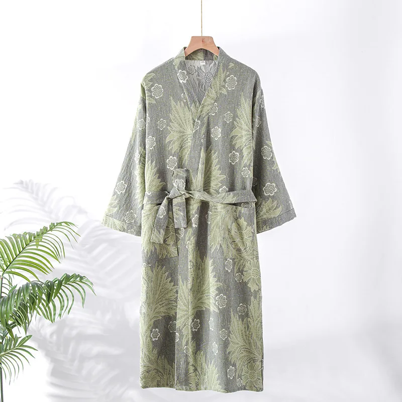 2025 New women's Robe 100% Cotton Robe Loose Jacquard Night-Robe Japanese Kimono Pajamas Women Robe V-Neck Pajamas Bathrobe