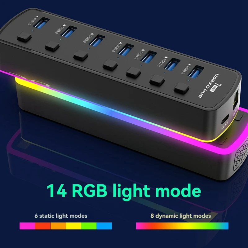 RGB USB 3.0 Hub 7 Ports USB Port Adapter 5Gbps Individual On/Off Switch Splitter Gaming USB Hub For Laptop PC Computer