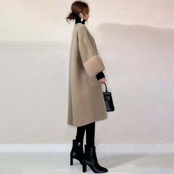 معطف فرو جلدي بطول الكتف بدون ياقة وأكمام متوسطة الطول معطف صوفي نسائي من ألياف البوليستر #2