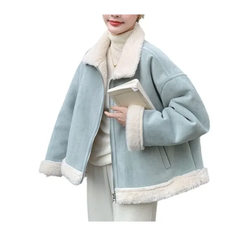 

Голубое плюшевое пальто на меховой подкладке из 2025 года, новый стиль, куртка из плотной овчины, хлопковый костюм