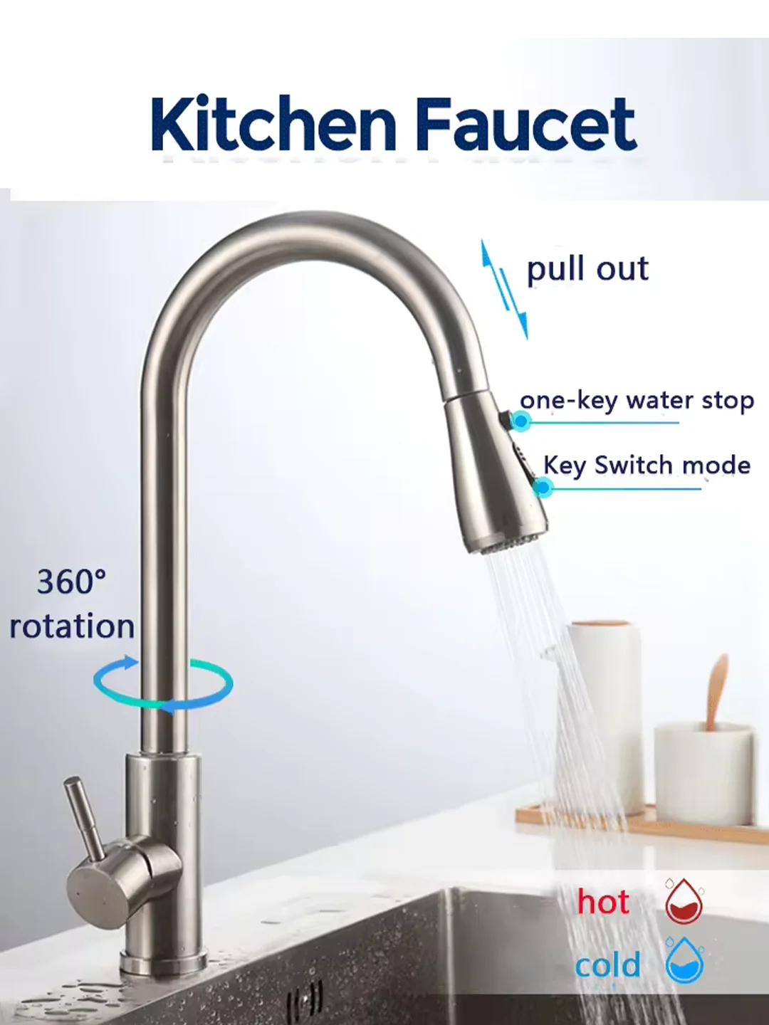 Kitchen Stainless Steel Hot and Cold Faucet, Kitchen Sink Pull-out Kitchen Faucet with 3 Functional Nozzles